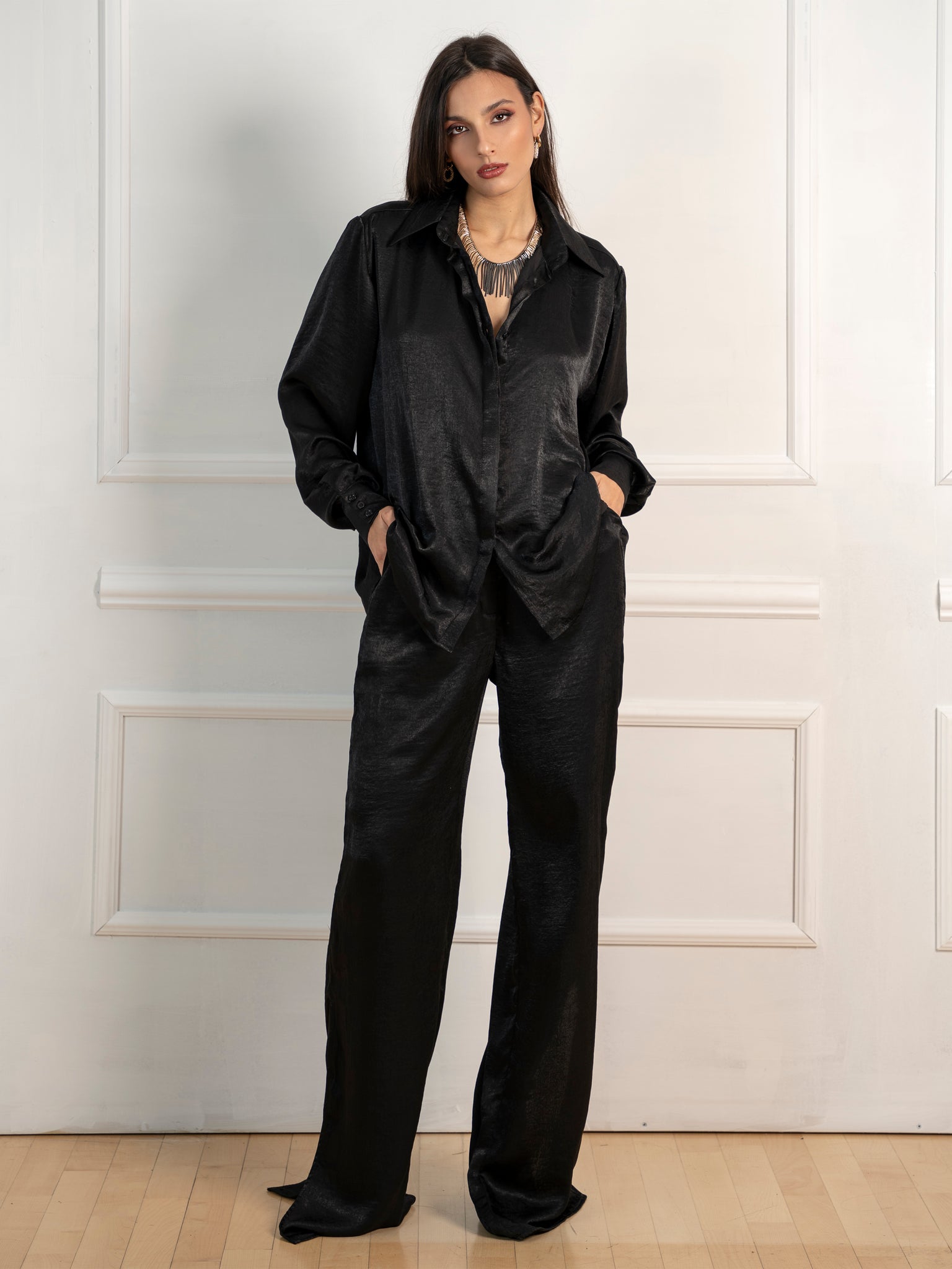 Black Set / Long Sleeve Shirt + Palazzo Trousers